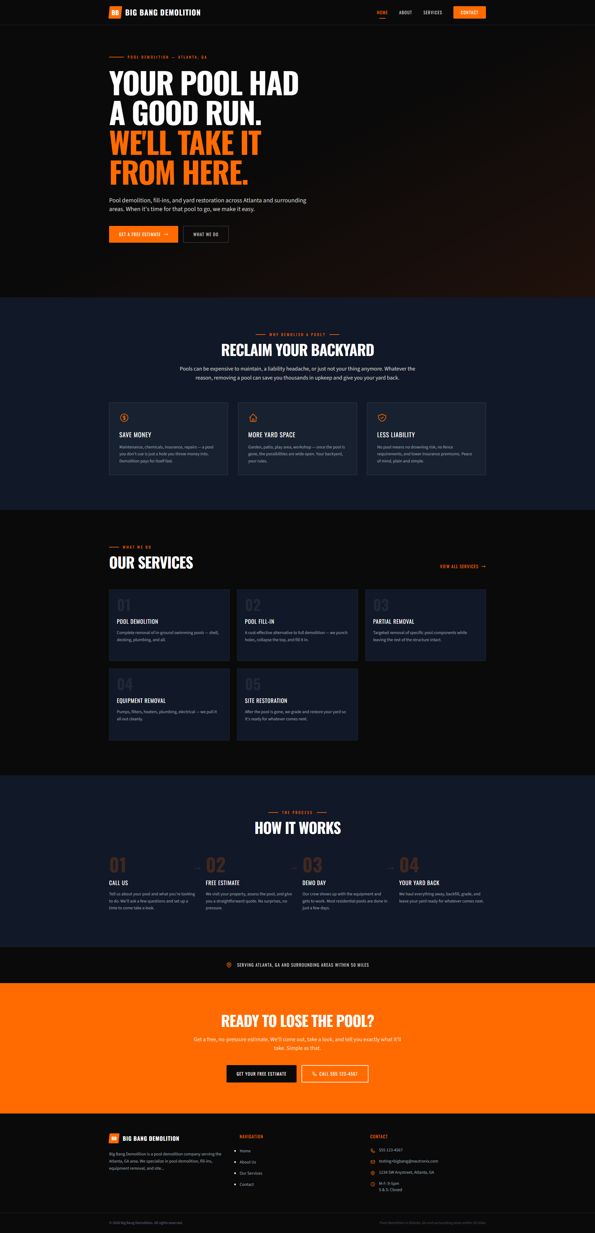 Captura de página completa del sitio de demostración Big Bang Demolition creado por Pool Pro Presence.