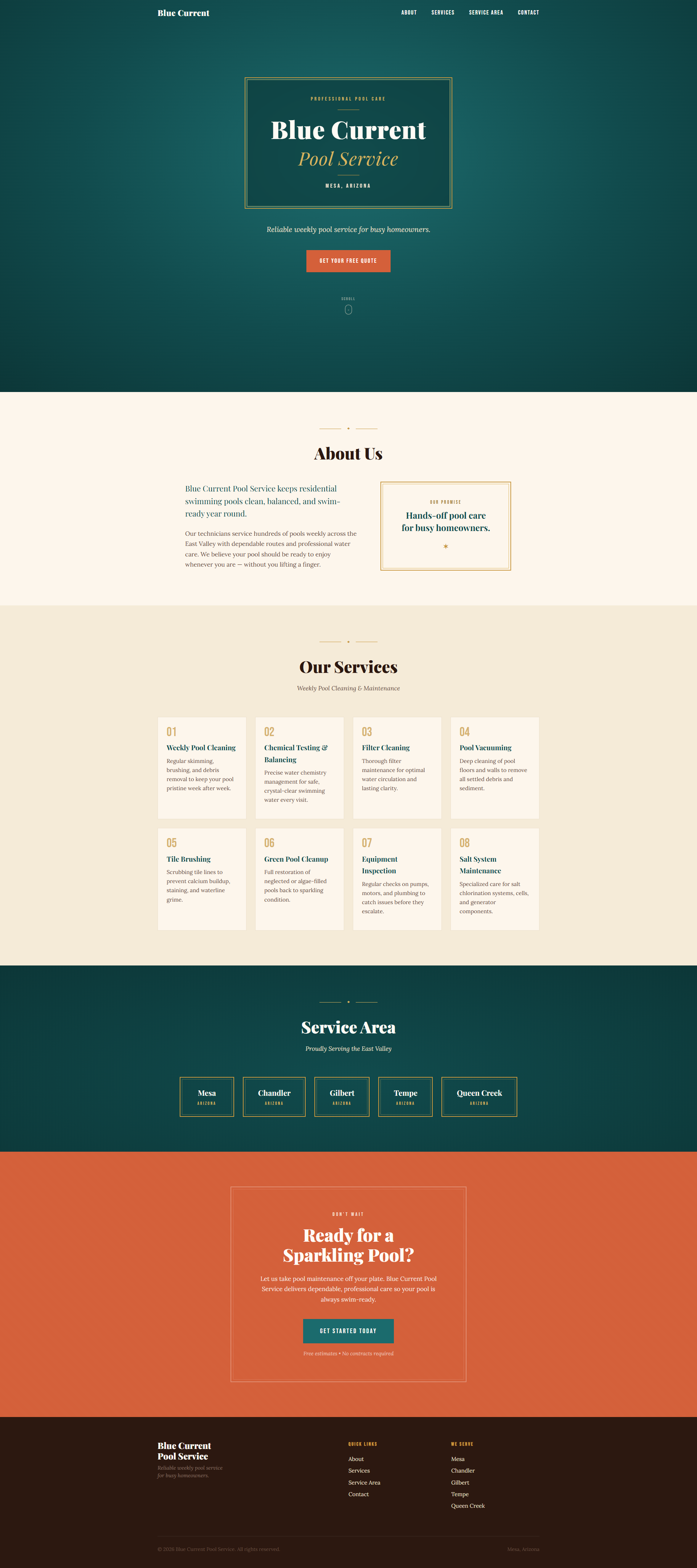Captura de página completa del sitio de demostración Bluecurrent Services creado por Pool Pro Presence.