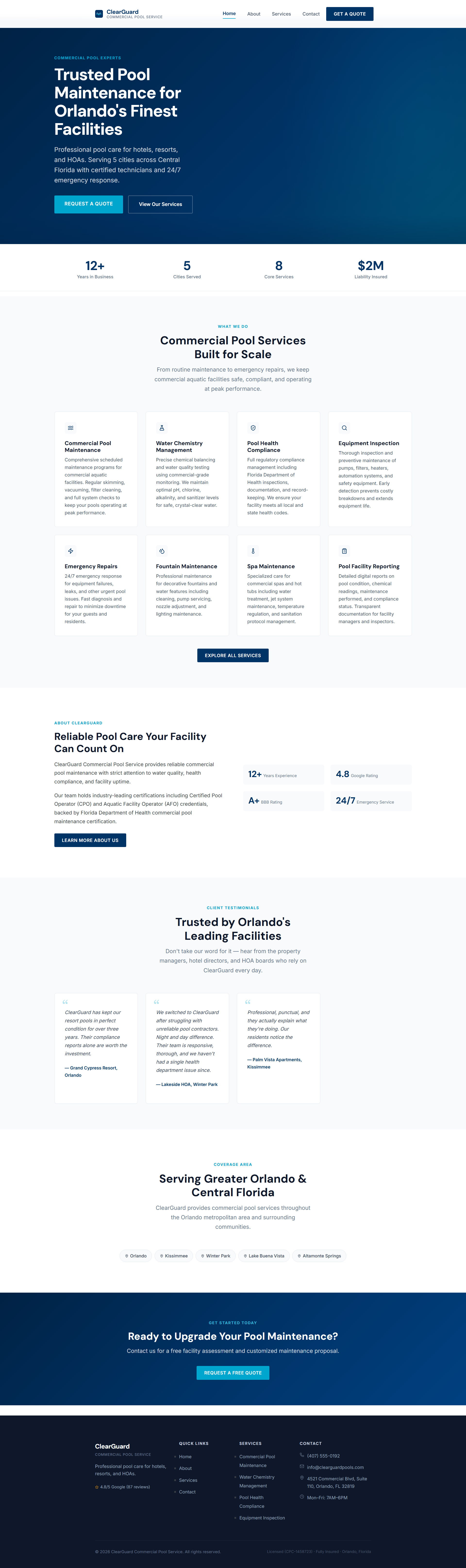 Captura de página completa del sitio de demostración Clearguard Commercial creado por Pool Pro Presence.