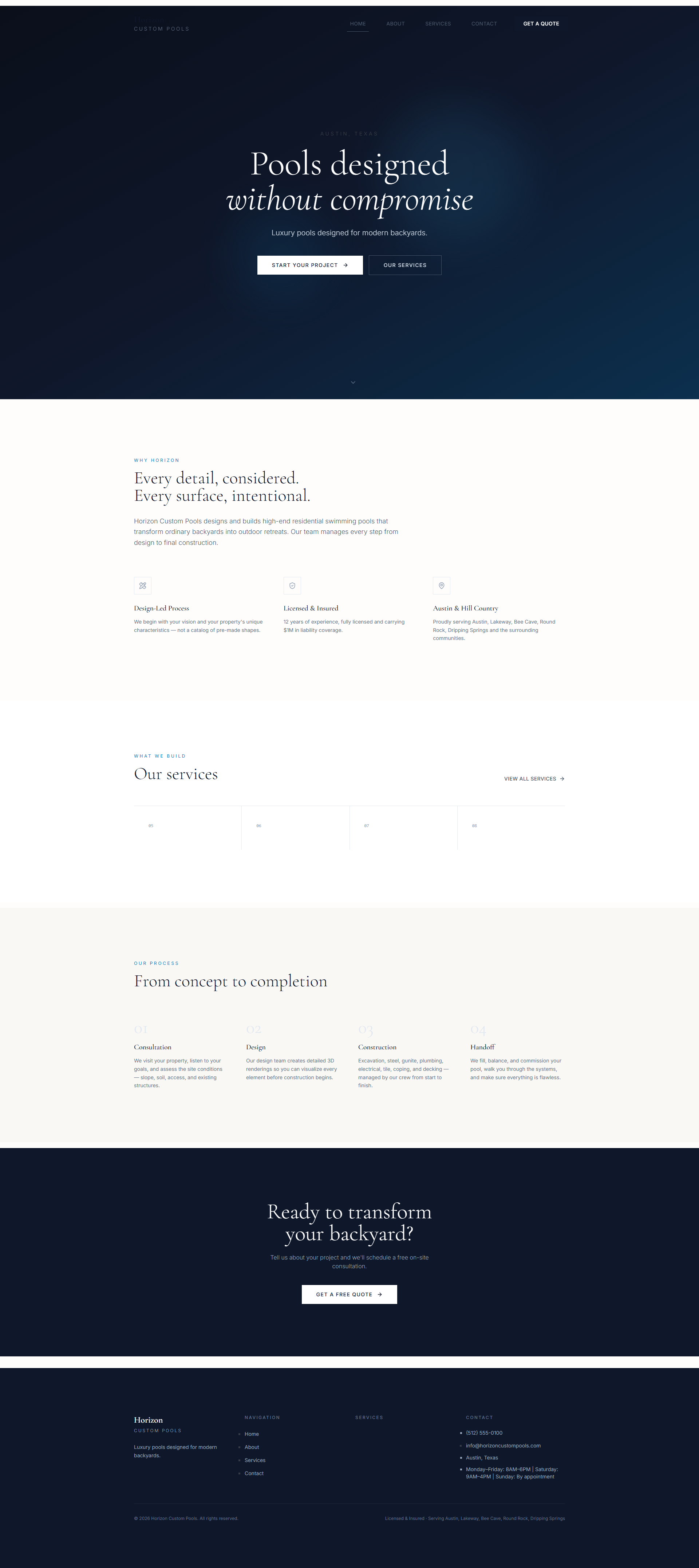 Captura de página completa del sitio de demostración Horizon Builders creado por Pool Pro Presence.