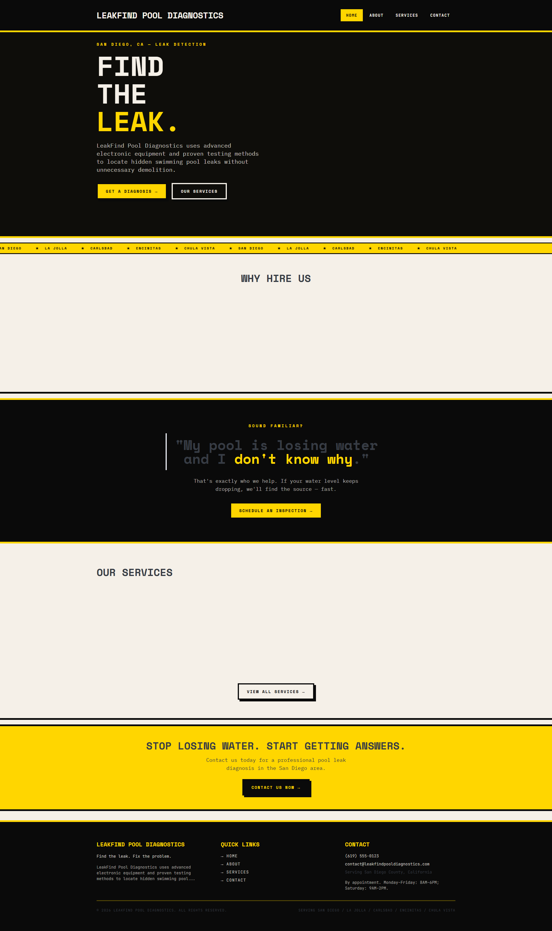 Captura de página completa del sitio de demostración Leakfind Diagnostics creado por Pool Pro Presence.