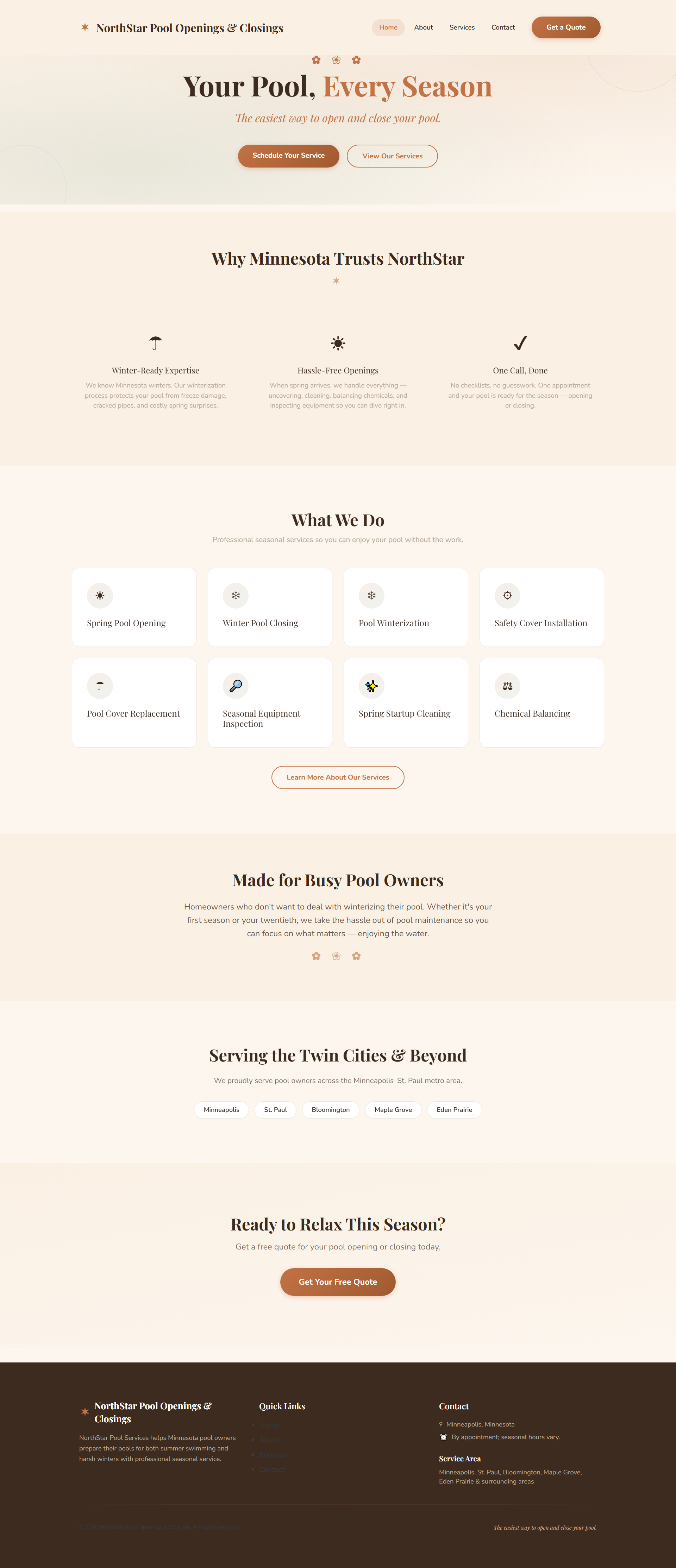 Captura de página completa del sitio de demostración Northstar Openings creado por Pool Pro Presence.