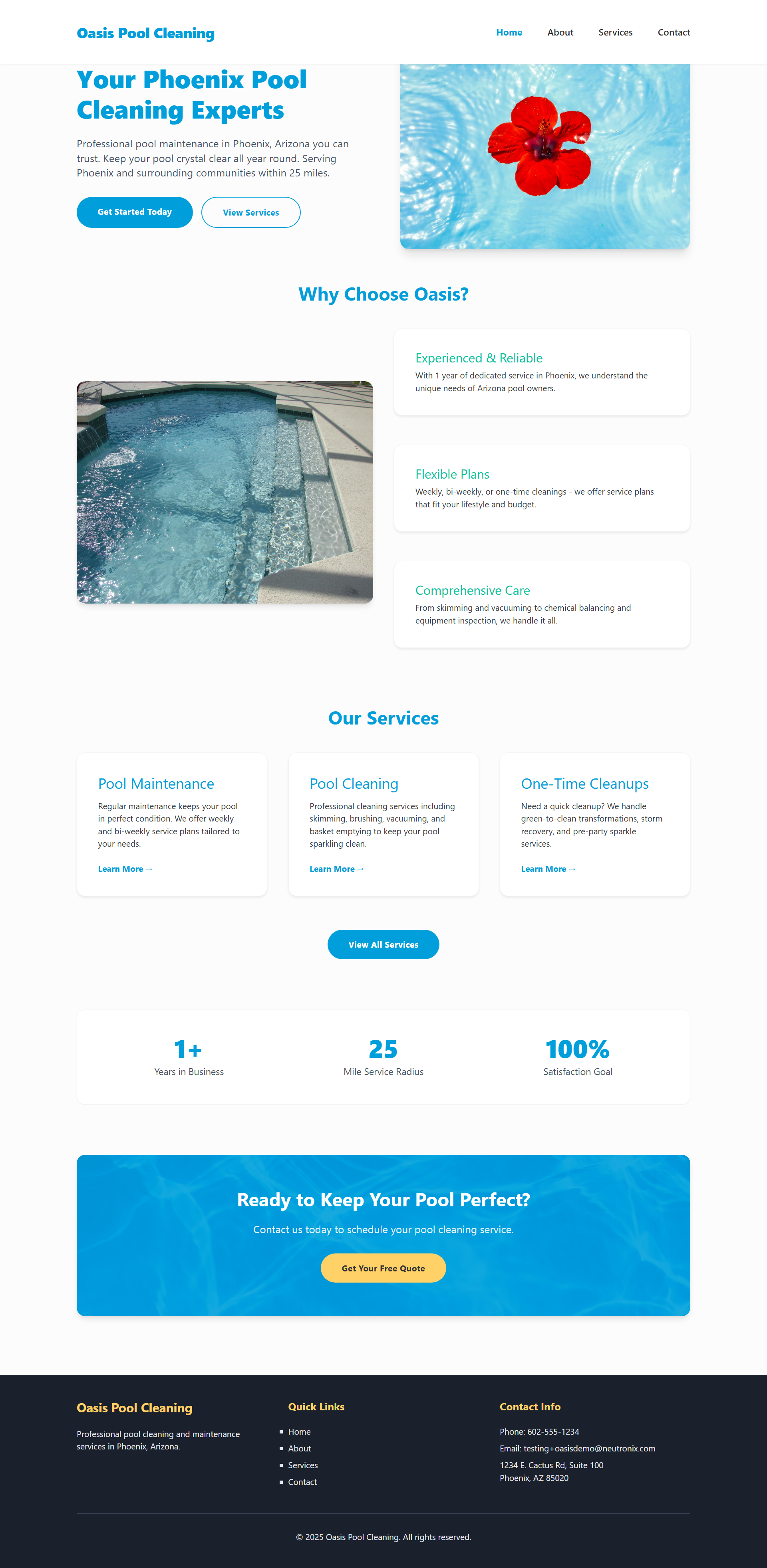 Captura de página completa del sitio de demostración Oasis Pool Cleaning creado por Pool Pro Presence.