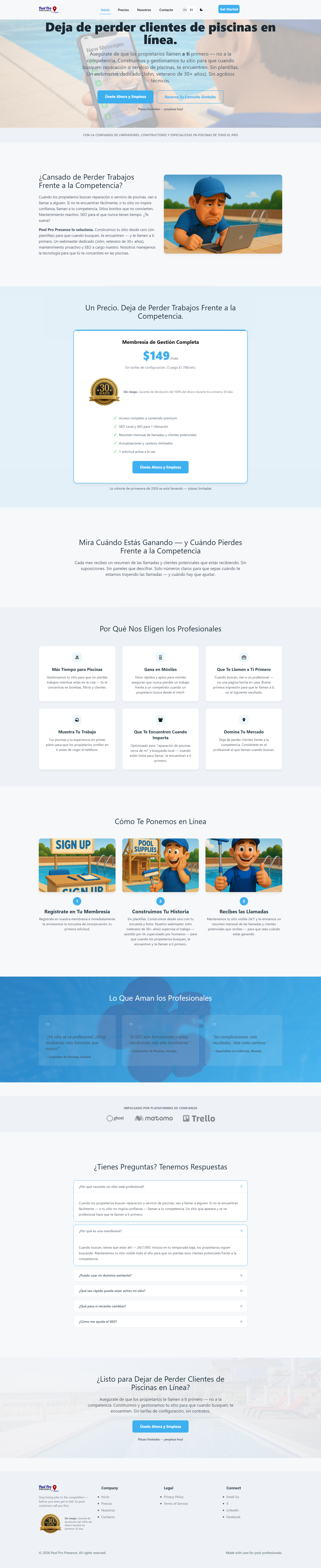 Captura de página completa del sitio de marketing de Pool Pro Presence.