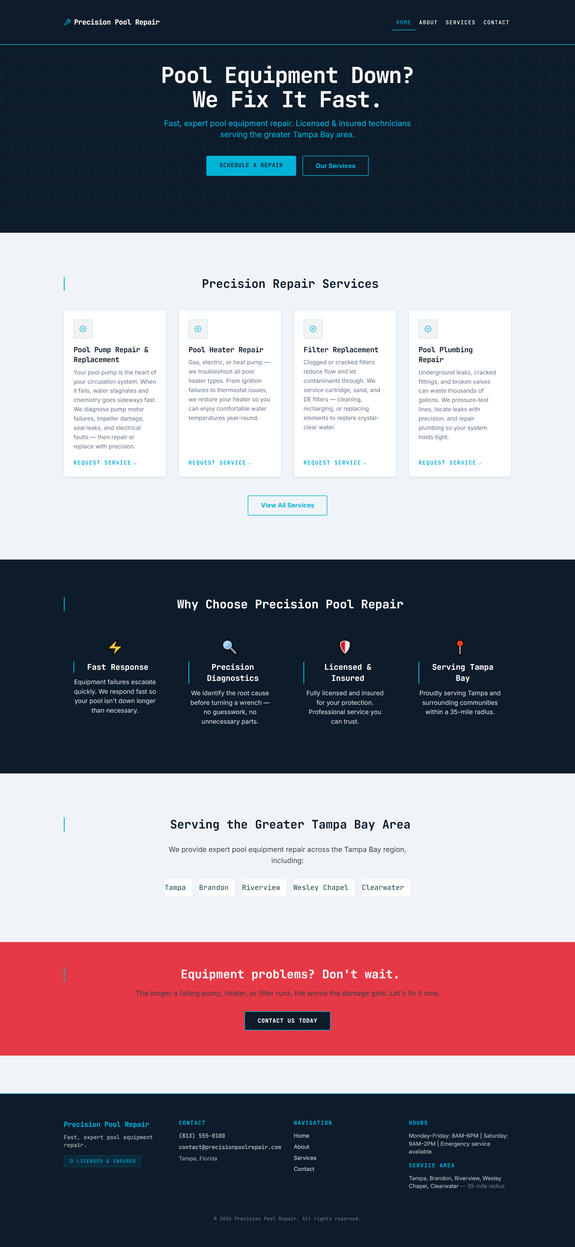 Captura de página completa del sitio de demostración Precision Repair creado por Pool Pro Presence.