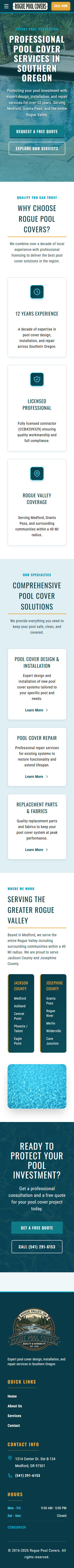 Screenshot: Rogue Pool Covers website on mobile, 390x844 viewport.