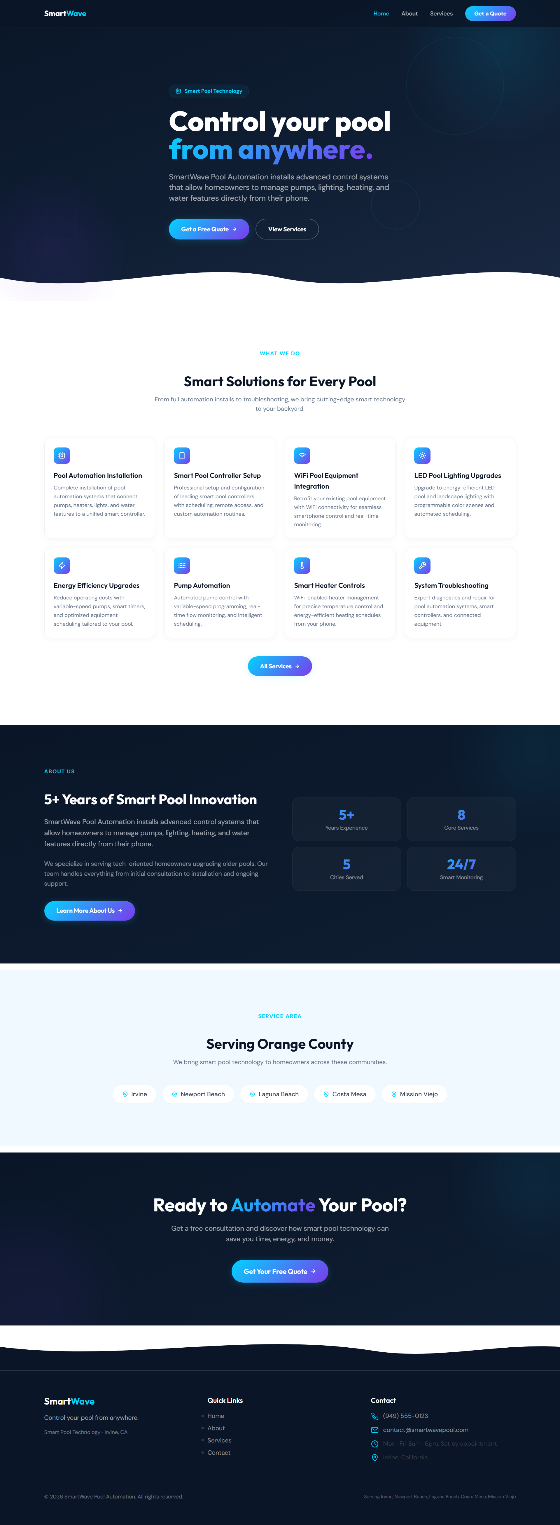 Captura de página completa del sitio de demostración Smartwave Automation creado por Pool Pro Presence.