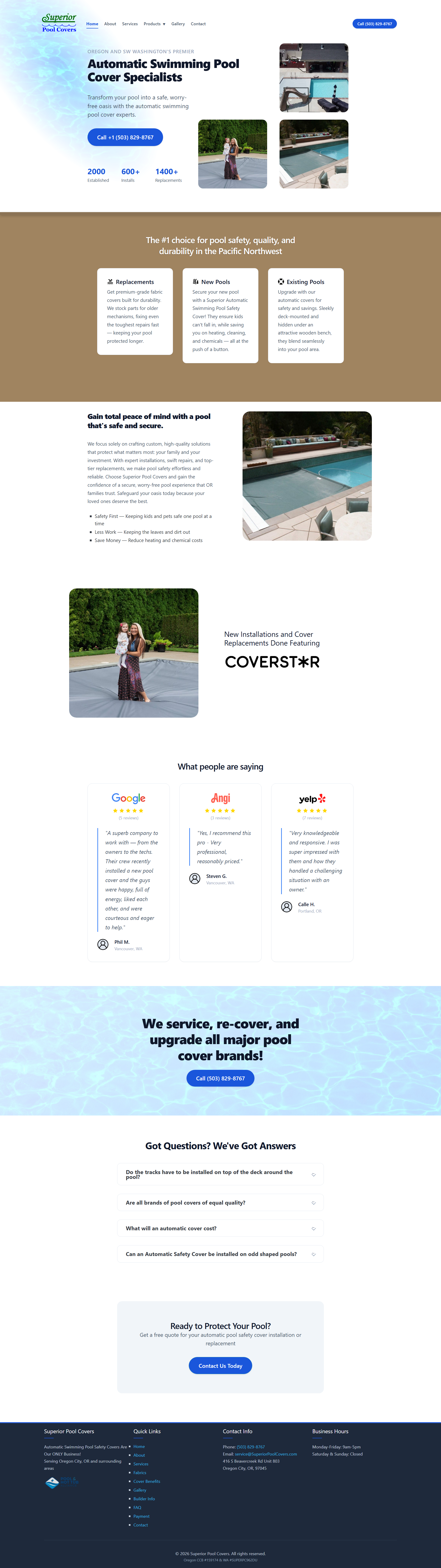 Captura de página completa del sitio de demostración Superior Pool Covers creado por Pool Pro Presence.