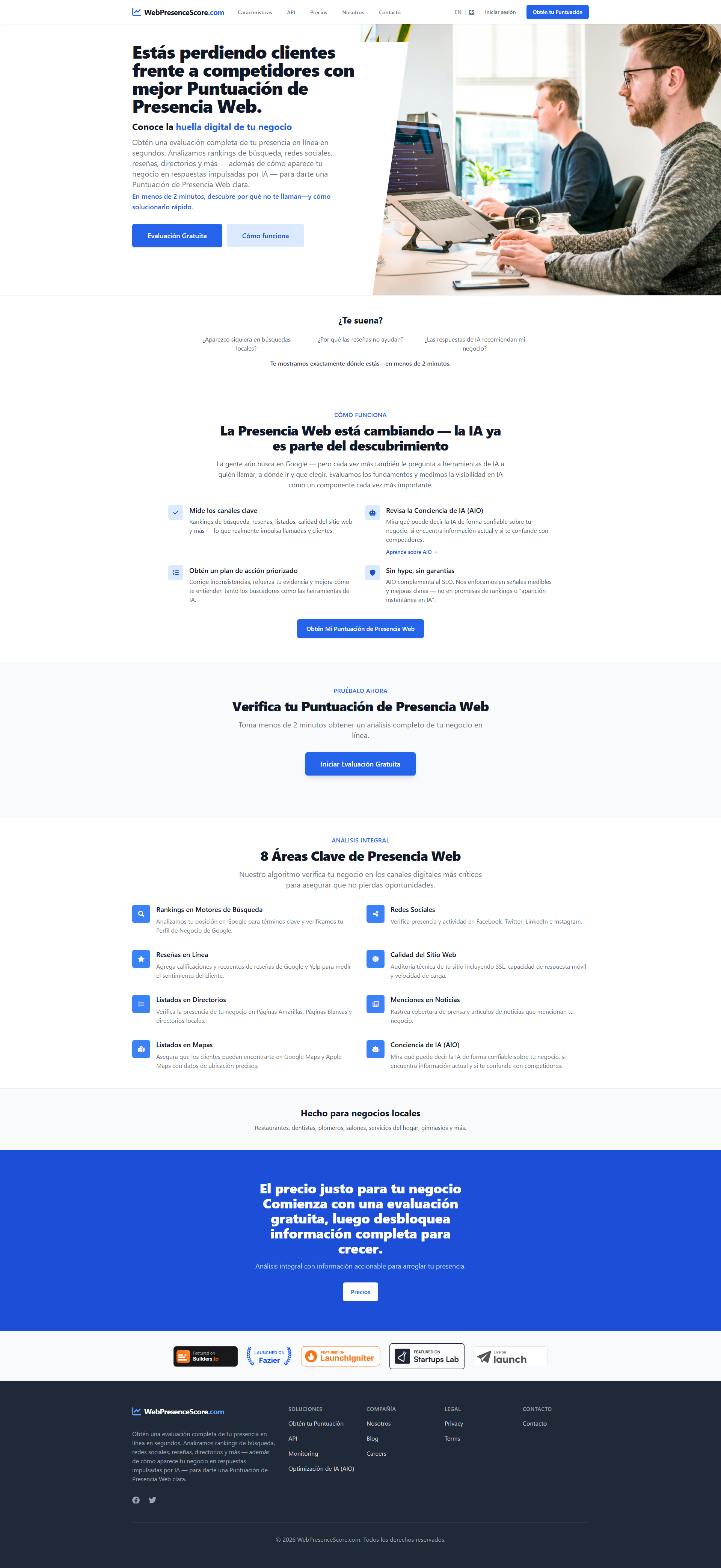 Captura de página completa del sitio Web Presence Score.