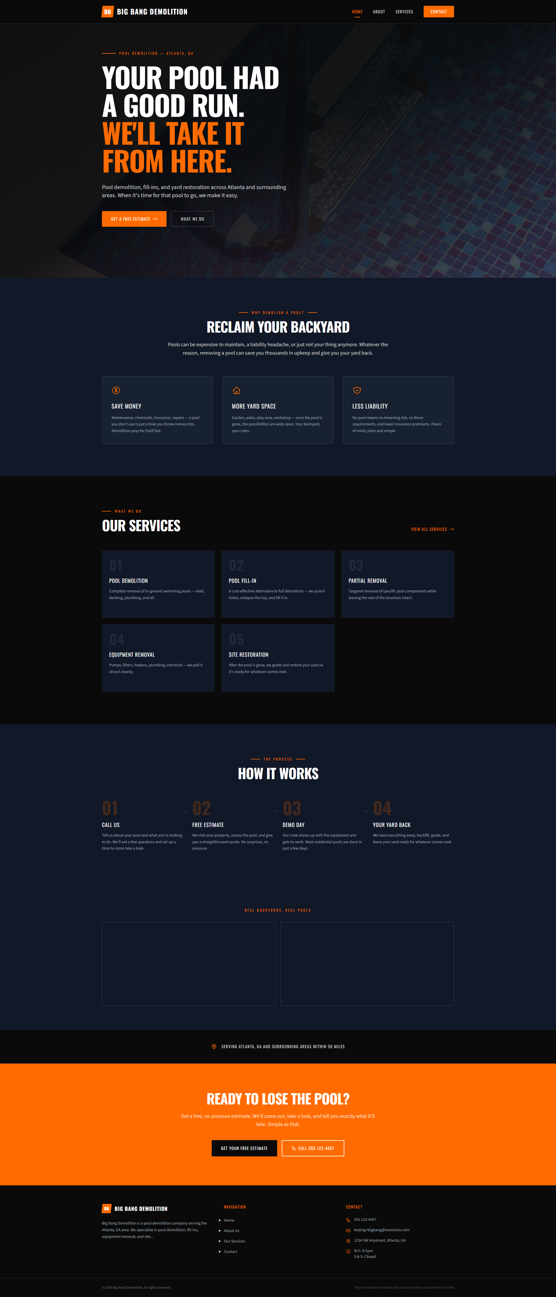 Captura de página completa del sitio de demostración Big Bang Demolition creado por Pool Pro Presence. — vista de escritorio.