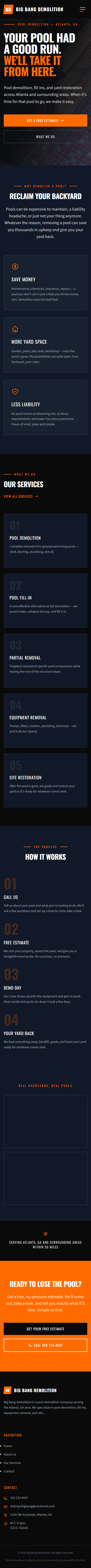 Captura de página completa del sitio de demostración Big Bang Demolition creado por Pool Pro Presence. — vista móvil.