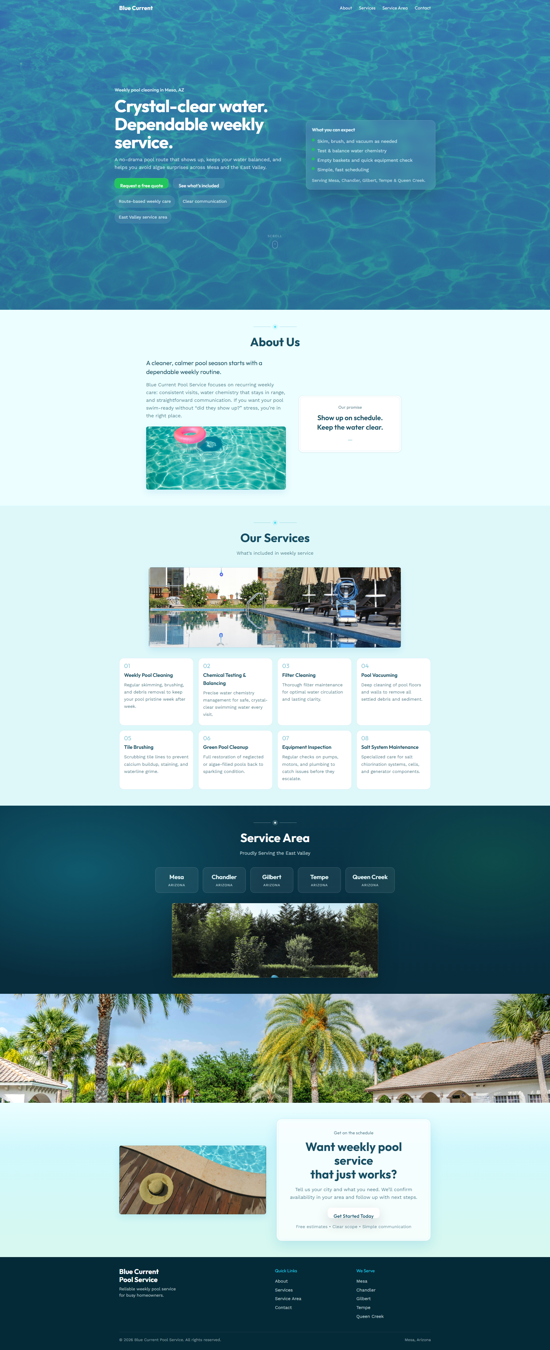Captura de página completa del sitio de demostración Bluecurrent Services creado por Pool Pro Presence. — vista de escritorio.
