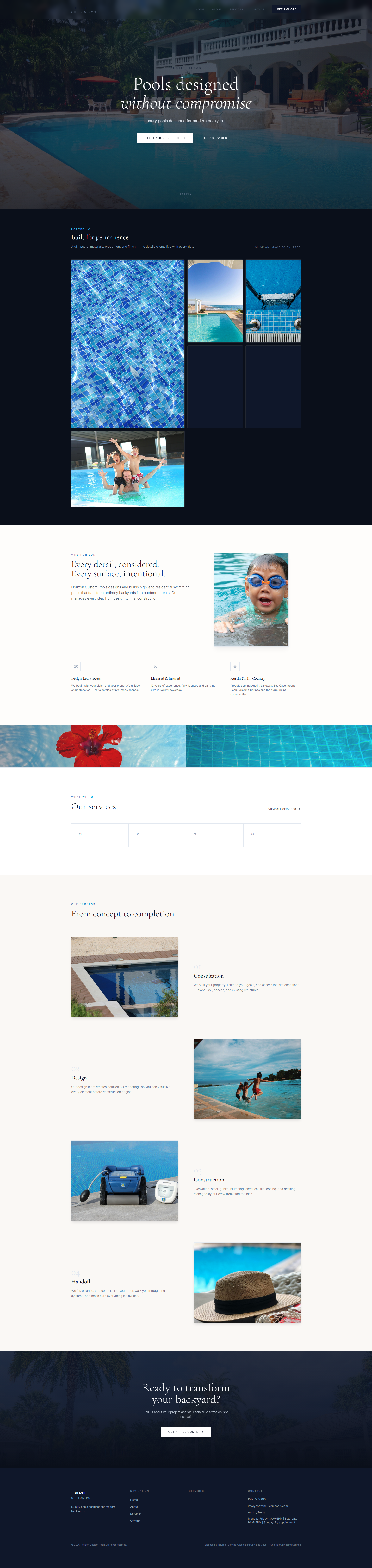 Captura de página completa del sitio de demostración Horizon Builders creado por Pool Pro Presence. — vista de escritorio.