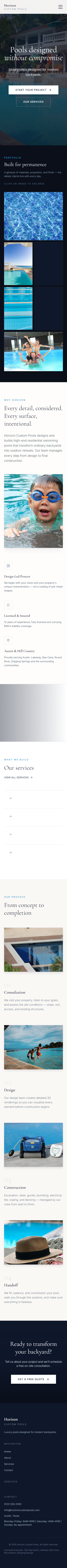 Captura de página completa del sitio de demostración Horizon Builders creado por Pool Pro Presence. — vista móvil.