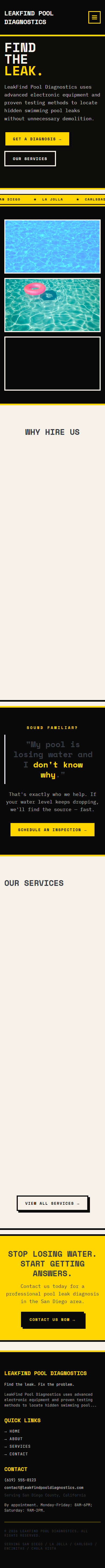 Captura de página completa del sitio de demostración Leakfind Diagnostics creado por Pool Pro Presence. — vista móvil.