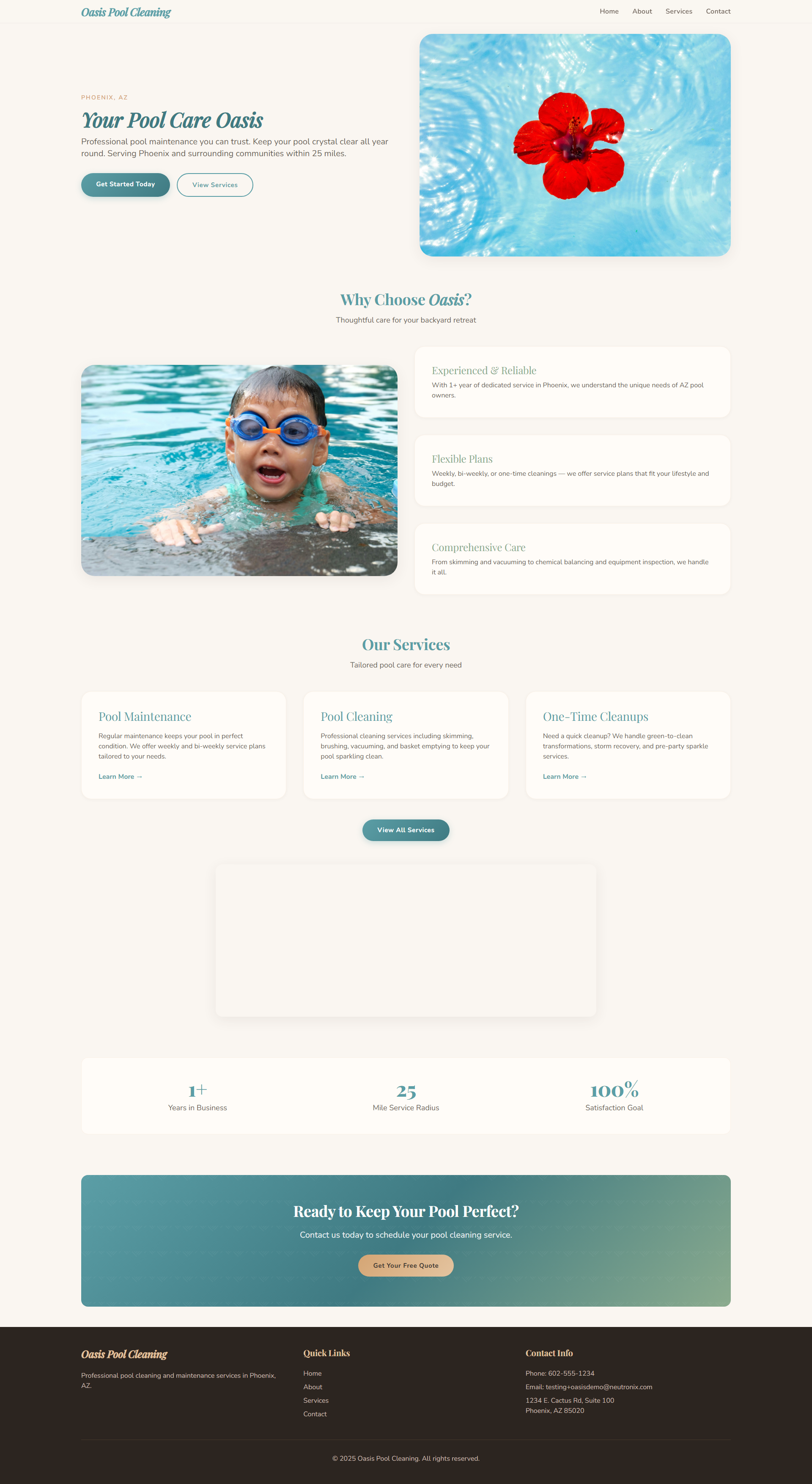 Captura de página completa del sitio de demostración Oasis Pool Cleaning creado por Pool Pro Presence. — vista de escritorio.