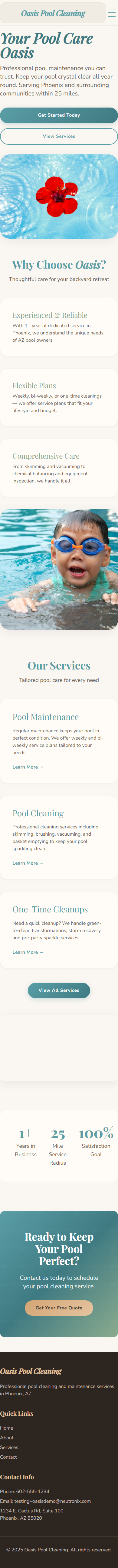Captura de página completa del sitio de demostración Oasis Pool Cleaning creado por Pool Pro Presence. — vista móvil.