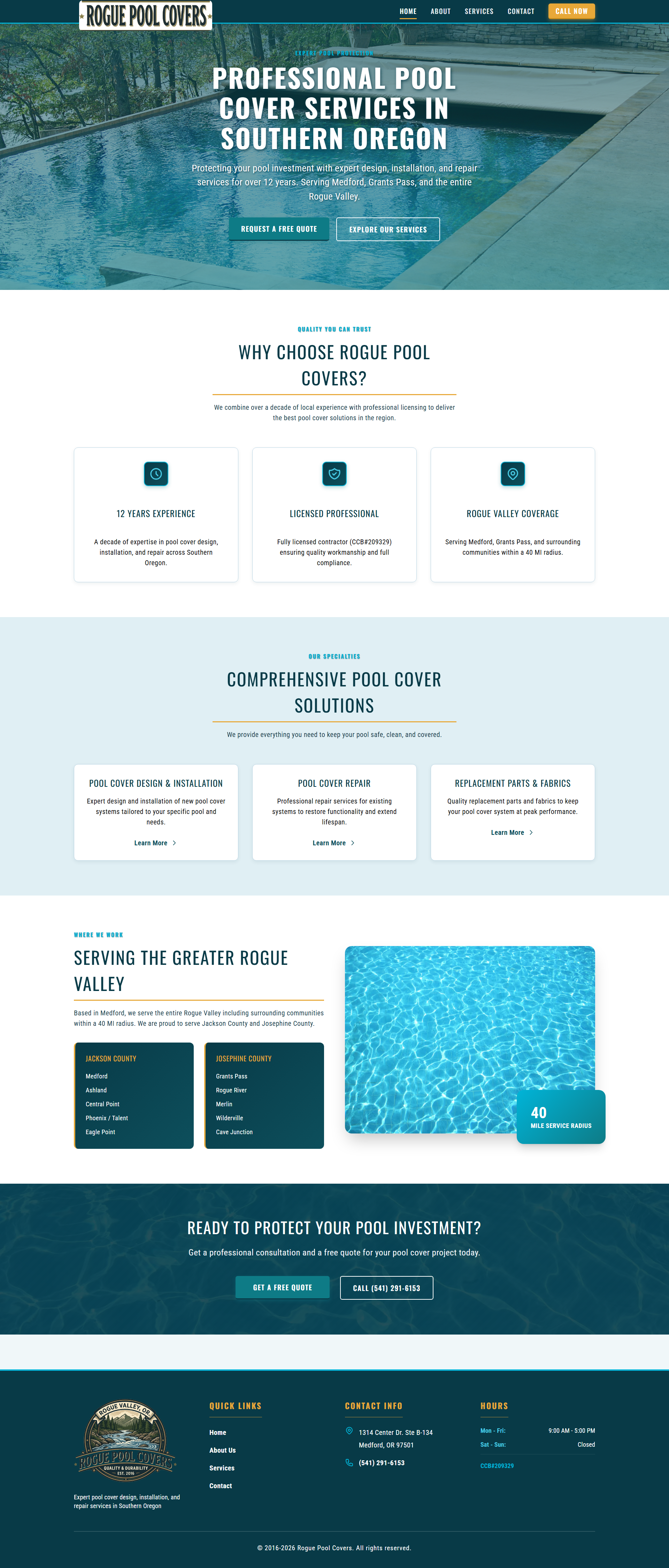 Captura de página completa del sitio Rogue Pool Covers creado por Pool Pro Presence. — vista de escritorio.