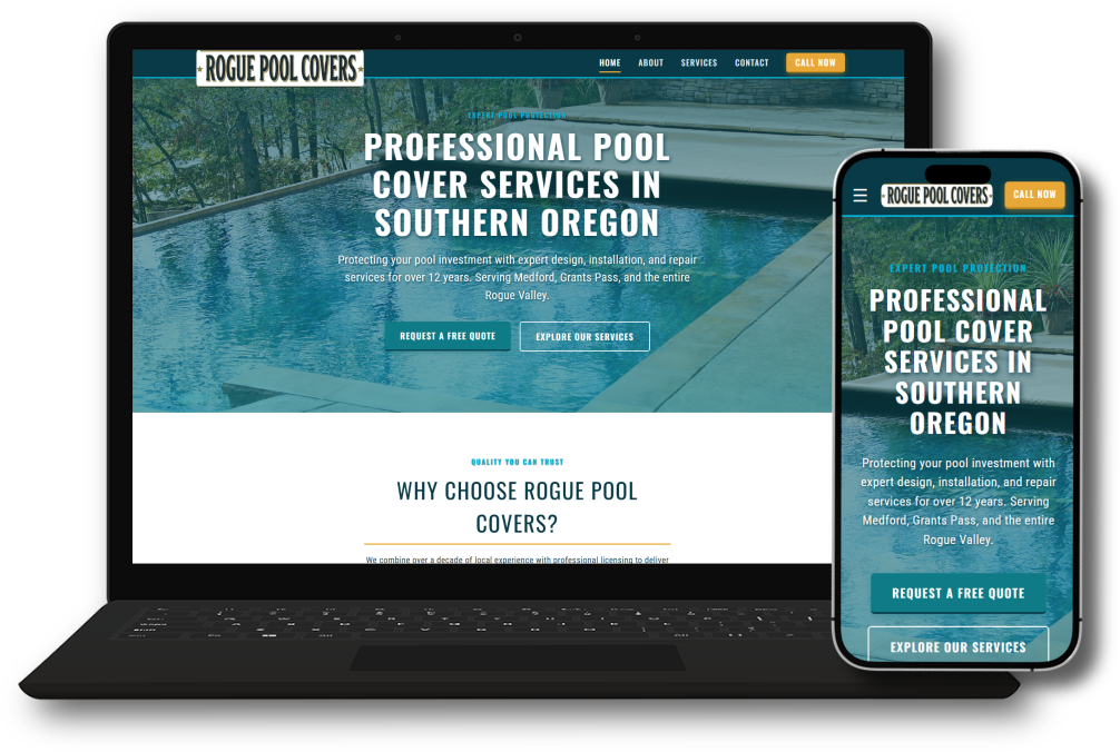 A pool cover company website shown on a laptop and a phone.